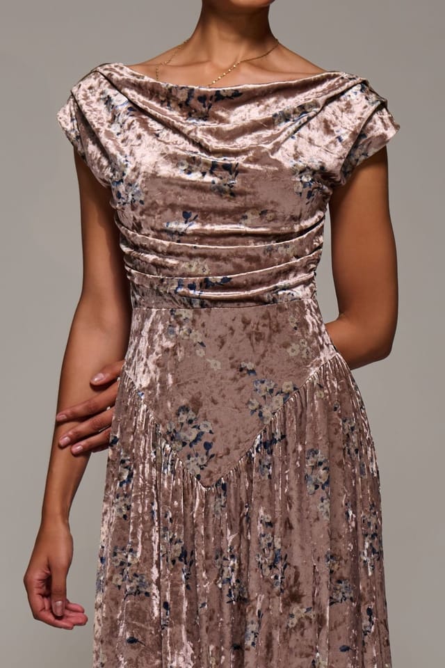 Jolie Moi Jolie Moi Women's Cowl Neckline Draped Velvet Midaxi Dress in Natural - 3