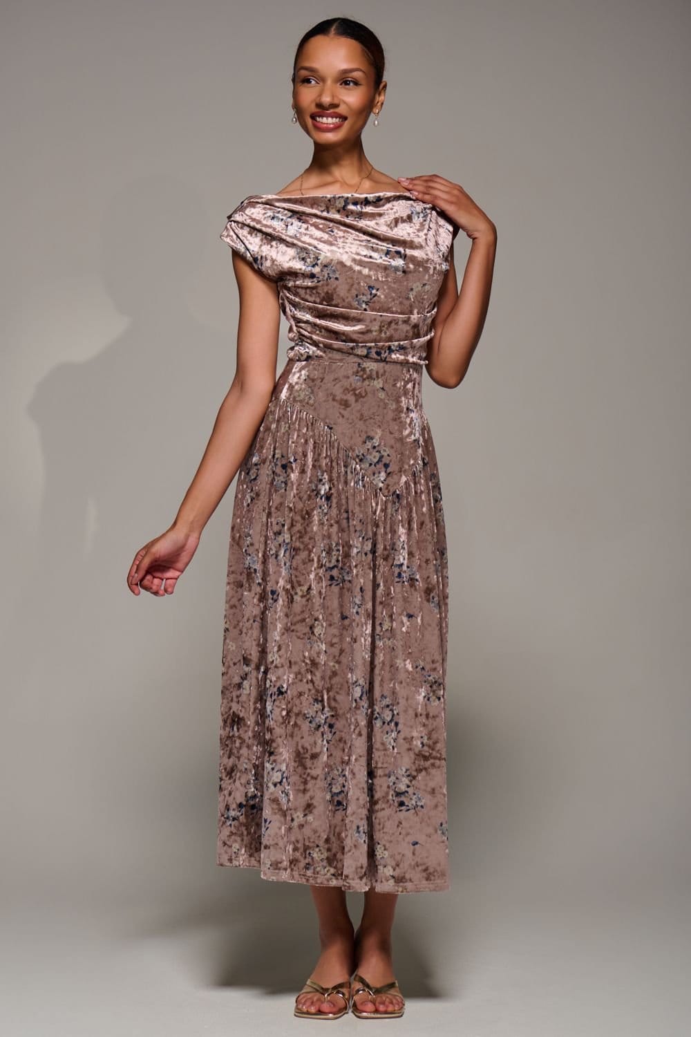 Jolie Moi Jolie Moi Women's Cowl Neckline Draped Velvet Midaxi Dress in Natural - 4