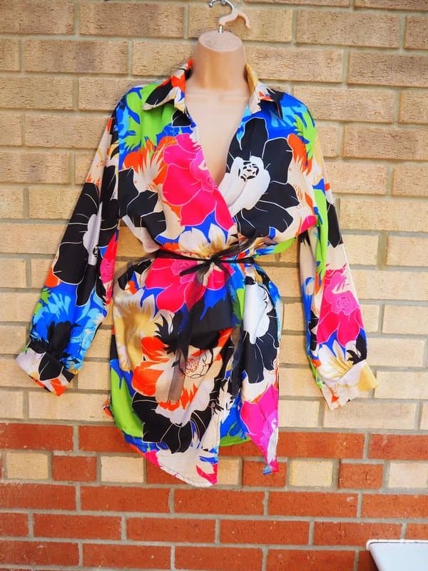 Mika Mika black multi colour floral satin long sleeve wrap shift mini casual dress 10 S