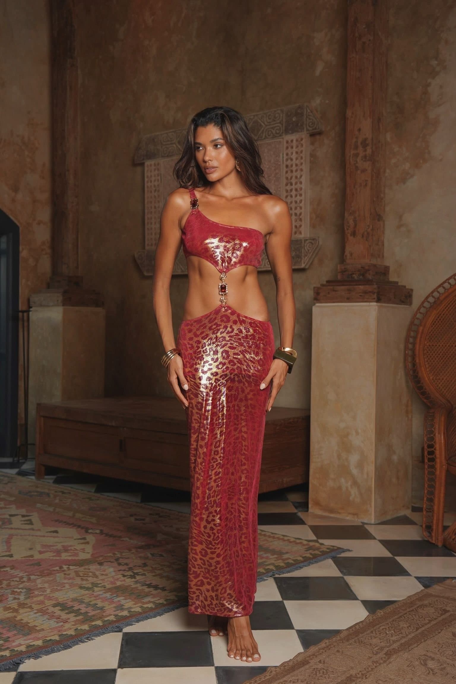Moda Minx Moda Minx Women's Cherry Sphinx Maxi Dress in Dark Red
