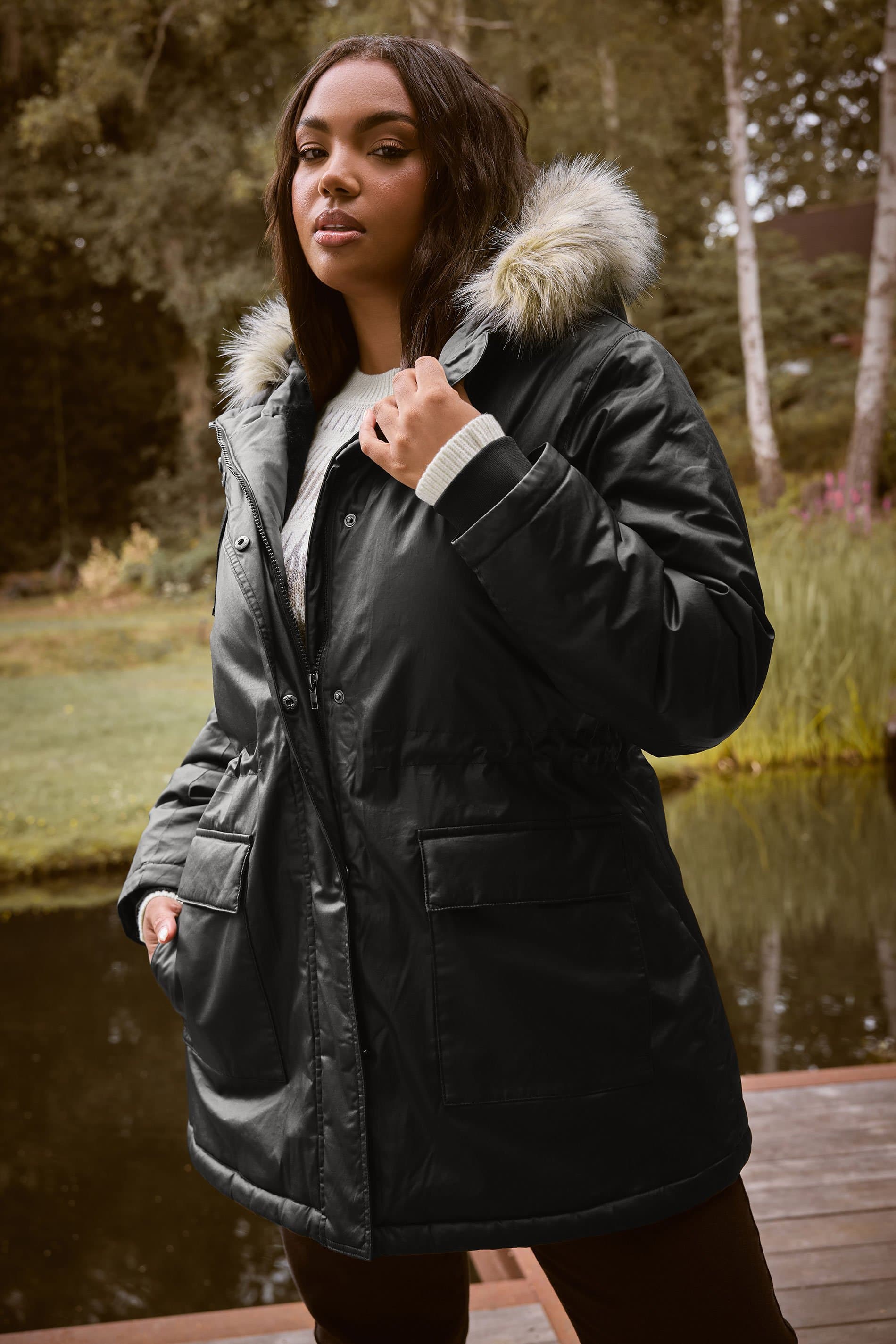 Yours Plus Size Black Waxed Faux Fur Trim Parka Coat