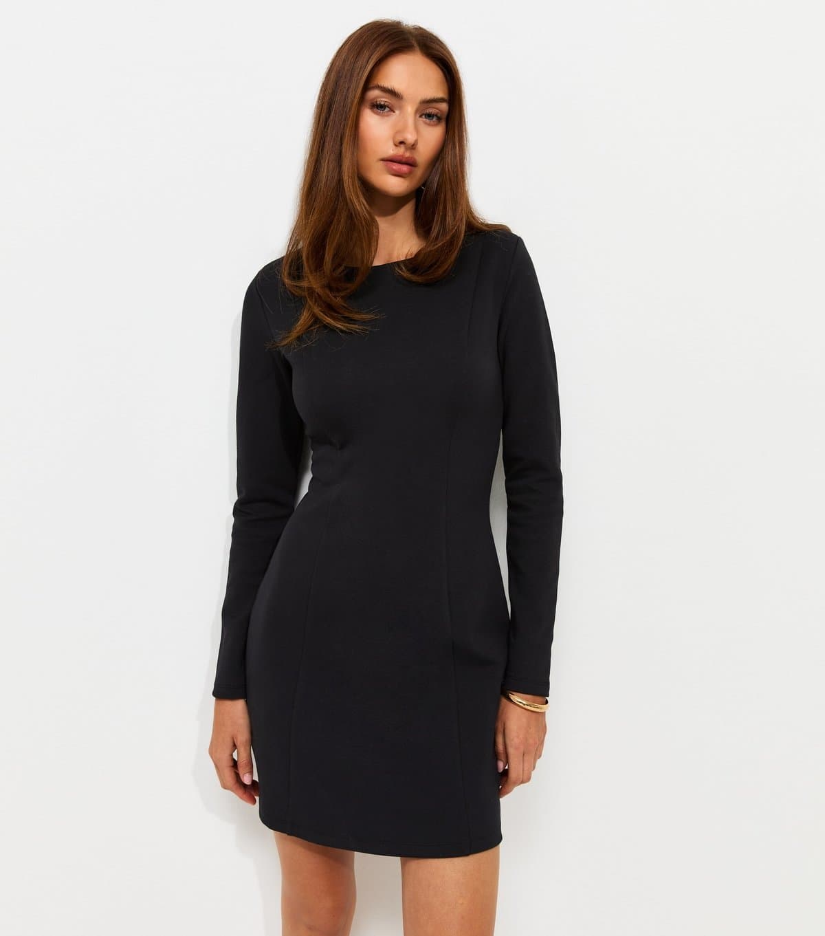 New Look Women's Black Cotton Rich Ponte Long Sleeve High Neck Mini Dress New Look