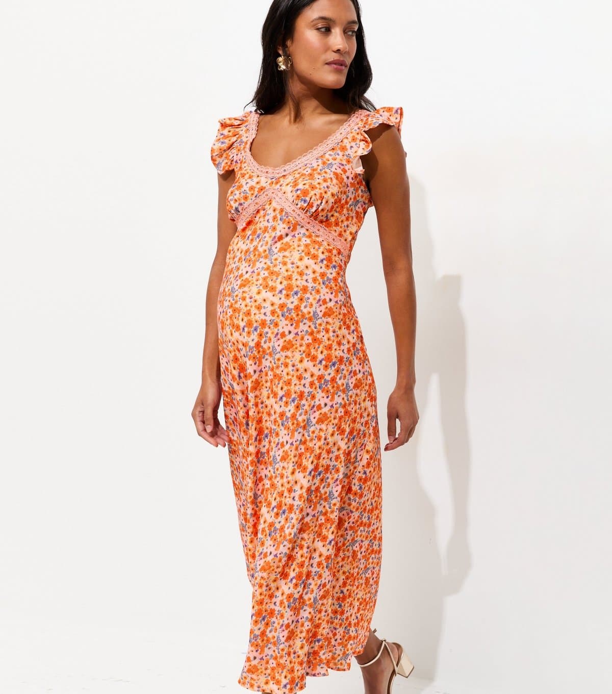 New Look Women's Maternity Orange Floral Lace Trim Frill Sleeves Midi Dress New Look