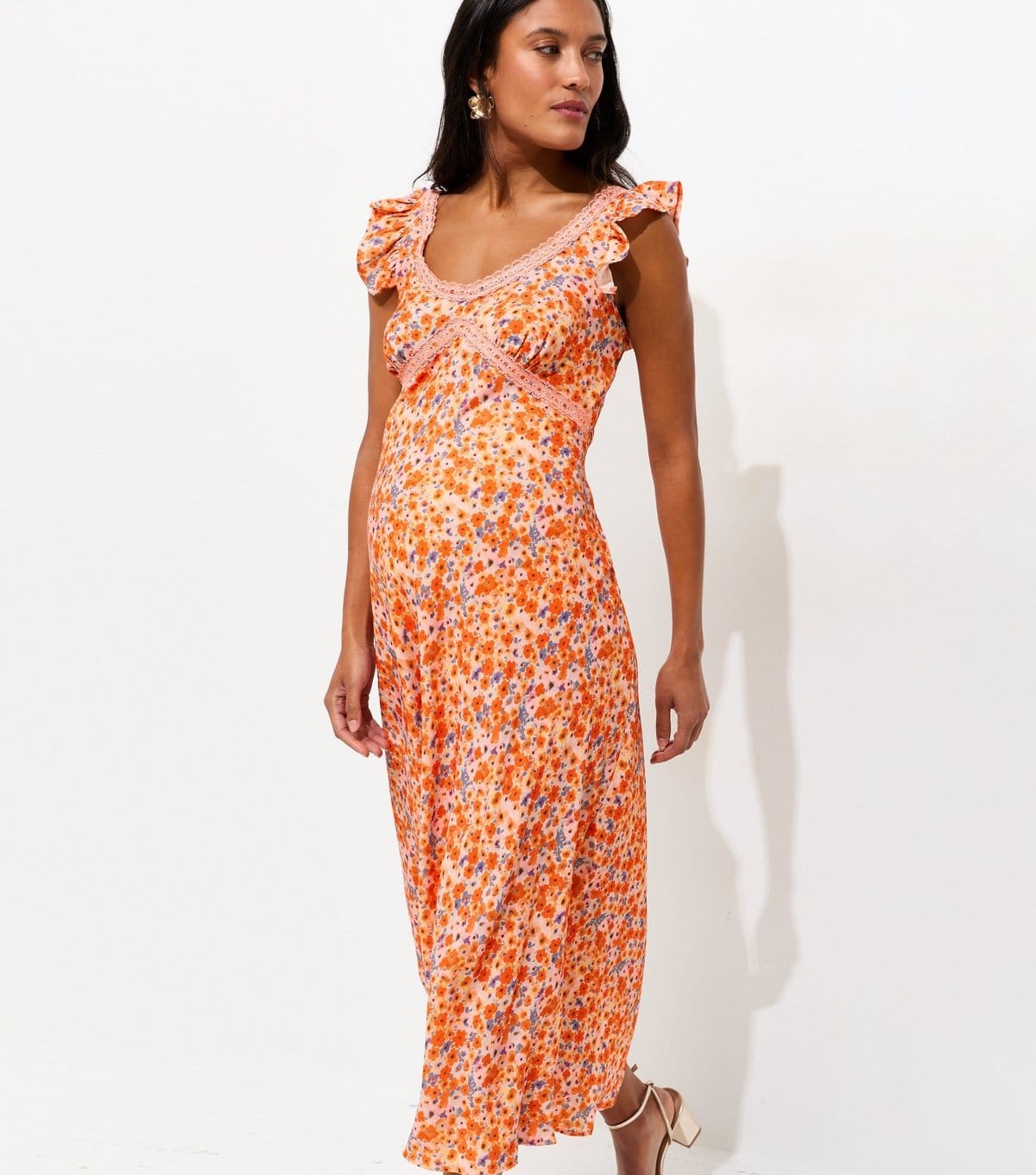 Women's Maternity Orange Floral Lace Trim Frill Sleeves Midi Dress New Look
