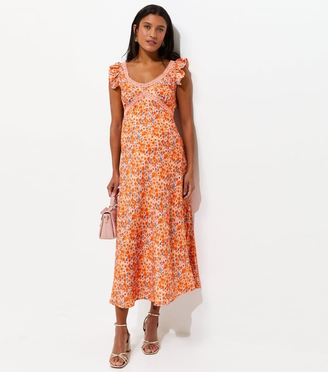 New Look Women's Maternity Orange Floral Lace Trim Frill Sleeves Midi Dress New Look - 2