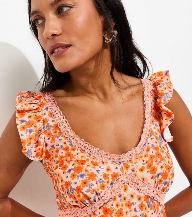 New Look Women's Maternity Orange Floral Lace Trim Frill Sleeves Midi Dress New Look - 3