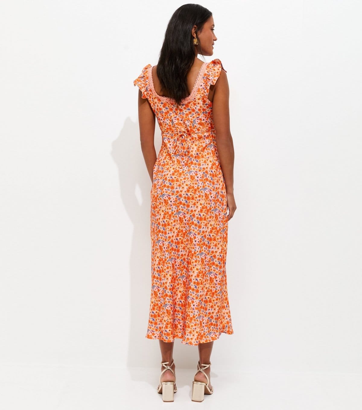 New Look Women's Maternity Orange Floral Lace Trim Frill Sleeves Midi Dress New Look - 4