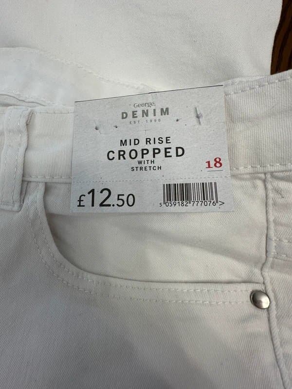 George Plus Size George White Cropped Jeans Mid Rise Stretch Pockets UK 18 New