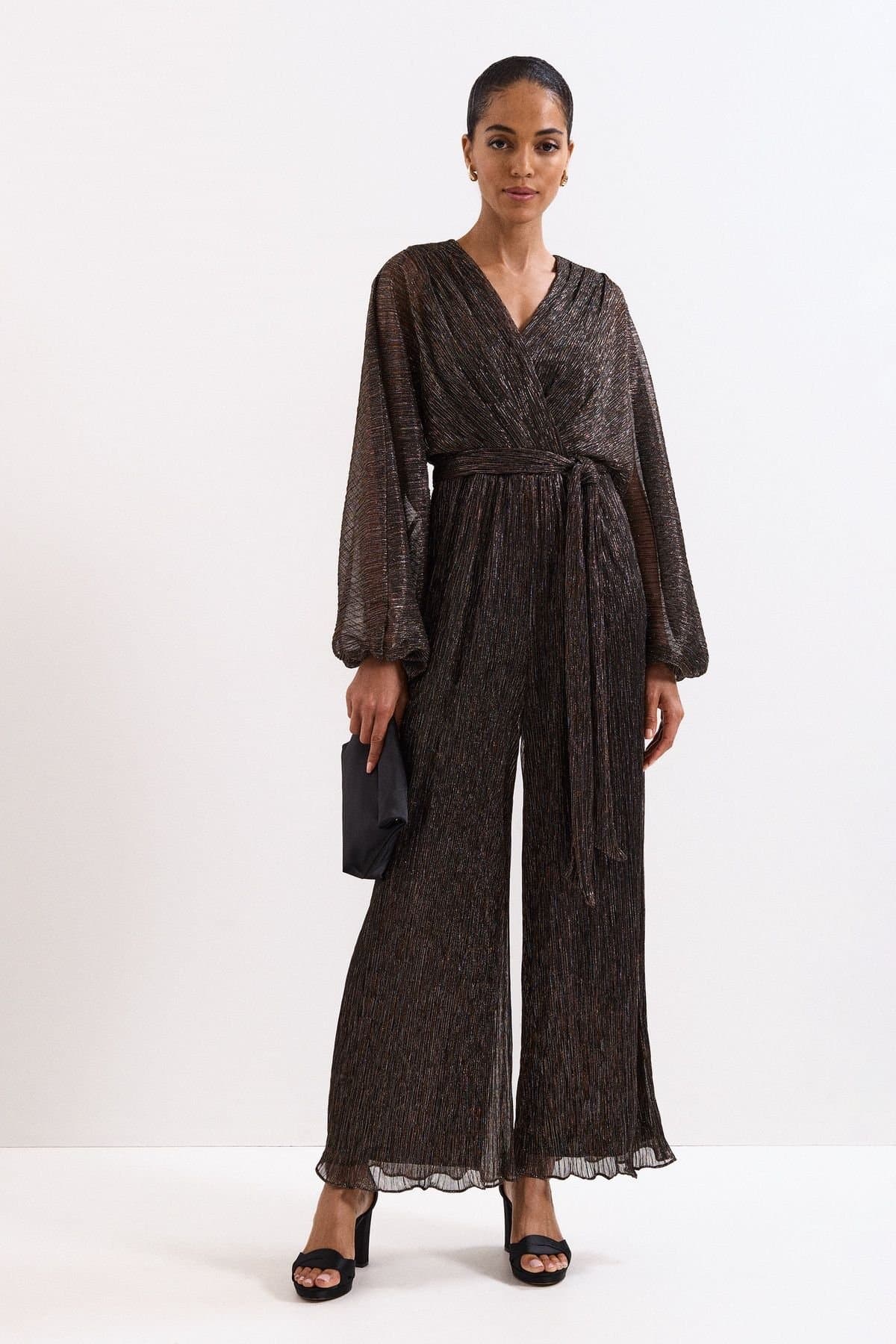 Phase Eight Phase Eight Women's Rachel Plisse Metallic Jumpsuit in Metallic Gold