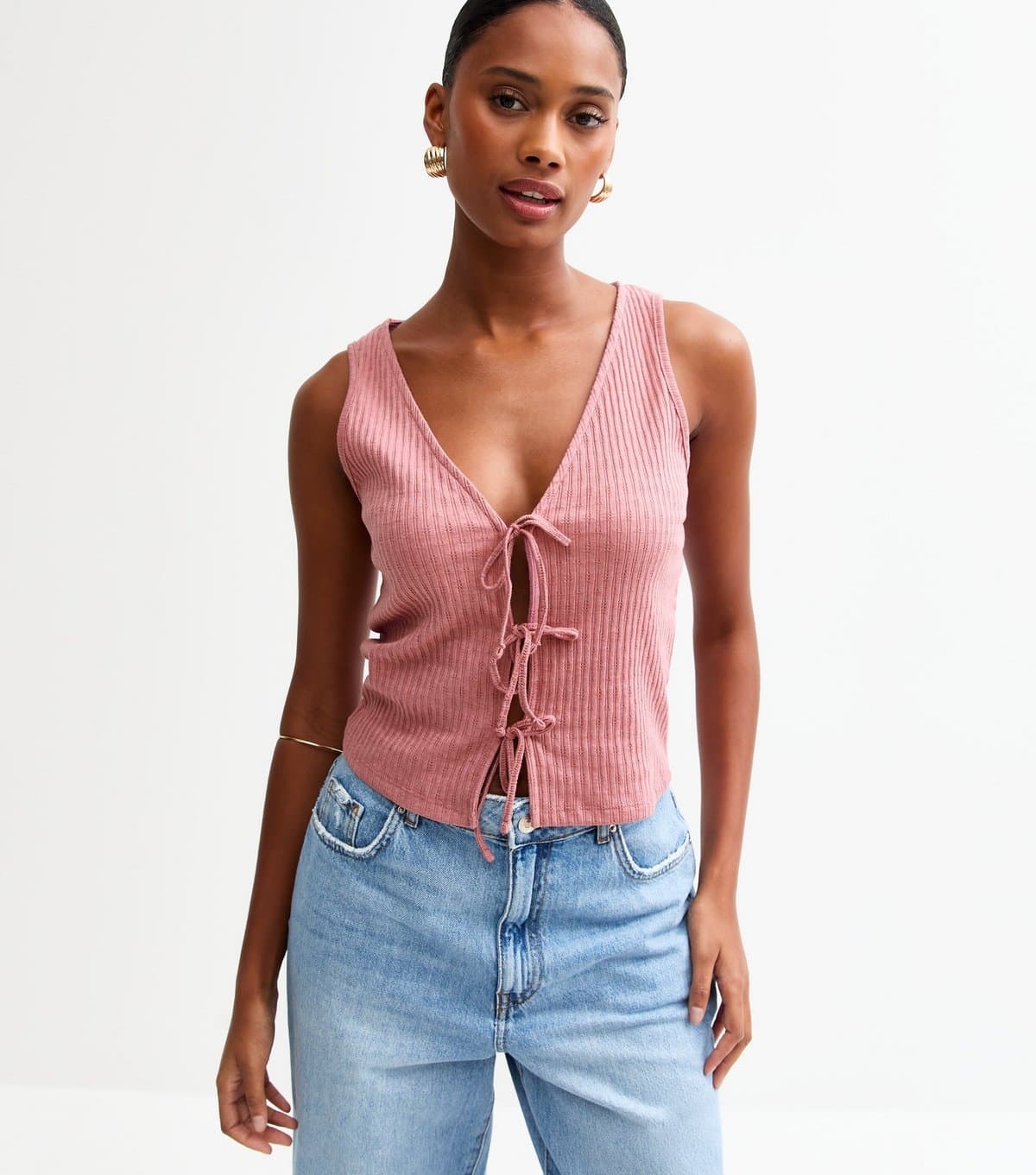 New Look Women's Pink Ribbed Pointelle Effect Tie Front Vest New Look