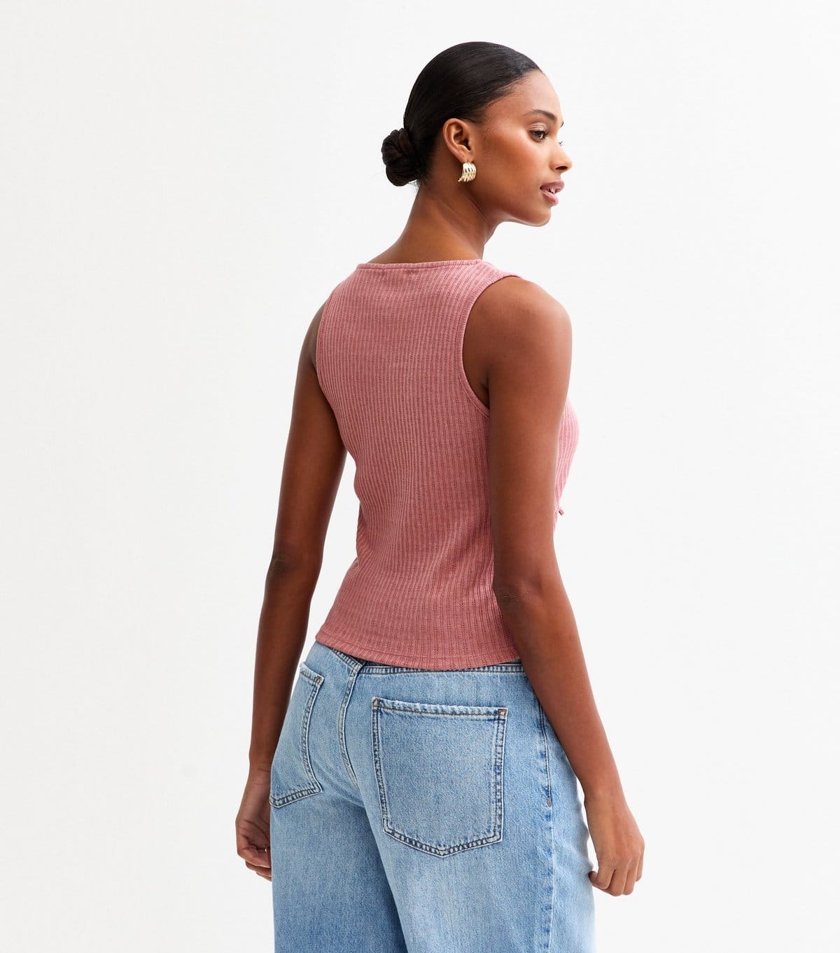 New Look Women's Pink Ribbed Pointelle Effect Tie Front Vest New Look - 4