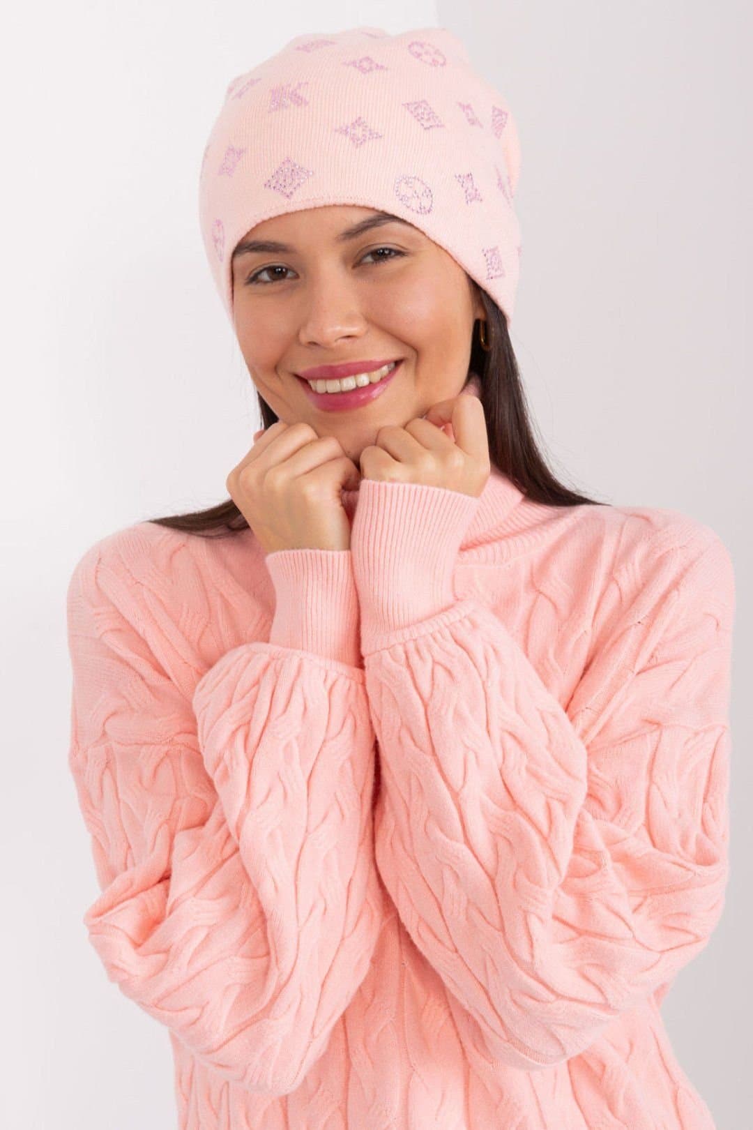 Love Lace Love Lace Women's Warm Winter Cashmere Beanie Hat with Decorative Rhinestones Trim in Pink