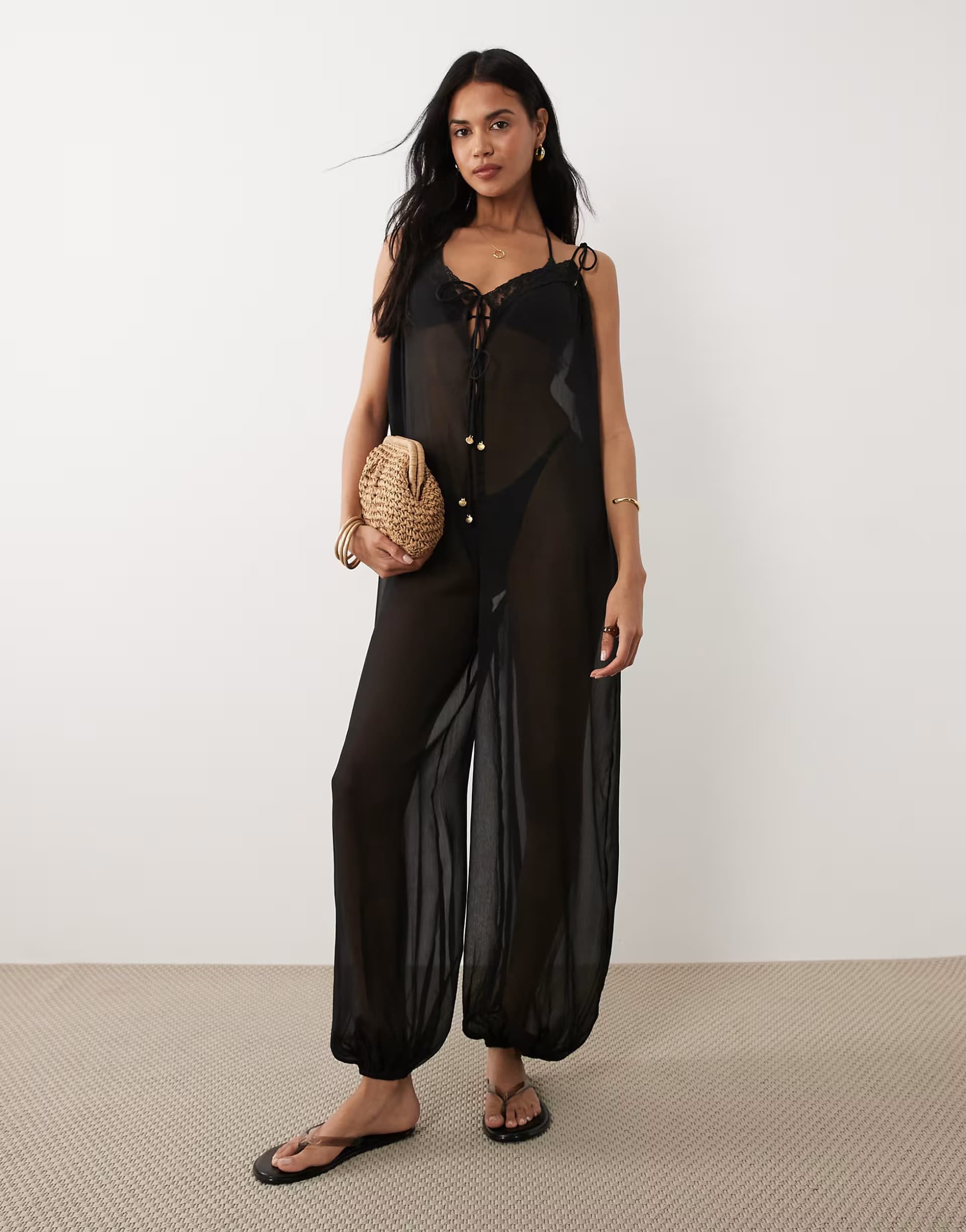 ASOS Miss Selfridge beach chiffon balloon hem jumpsuit in black