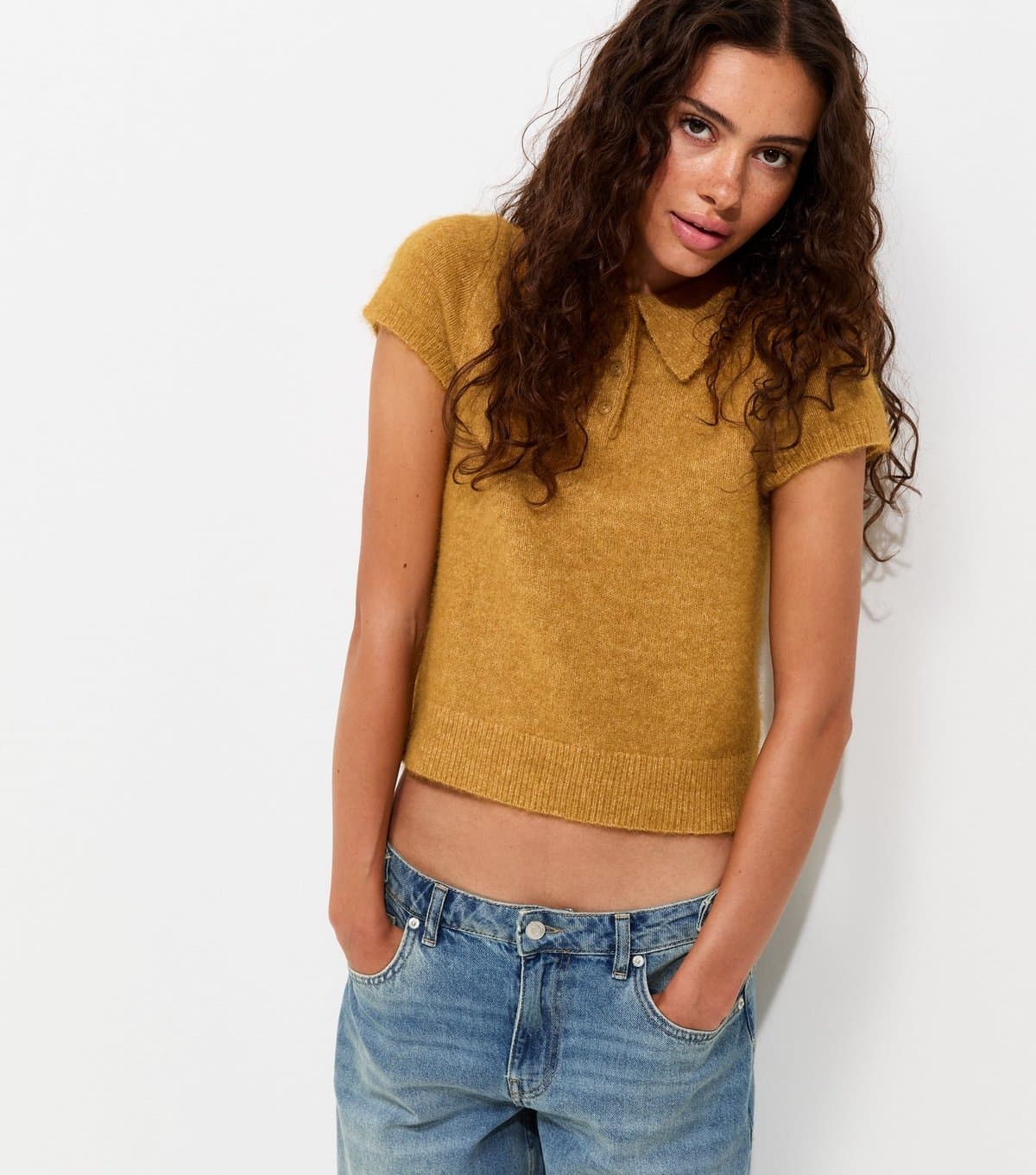 New Look Women's Dark Yellow Brushed Knit Short Sleeve Polo Top New Look