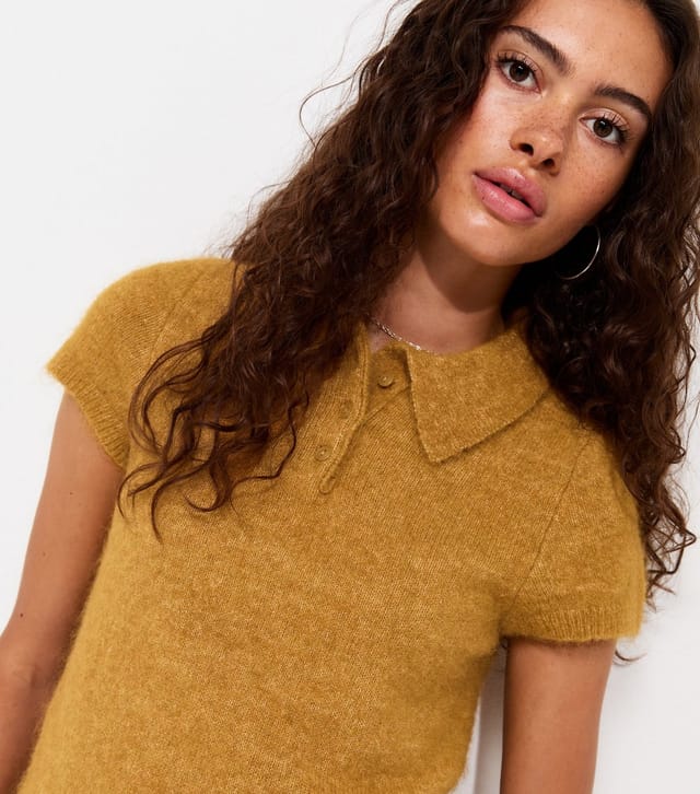 New Look Women's Dark Yellow Brushed Knit Short Sleeve Polo Top New Look - 2