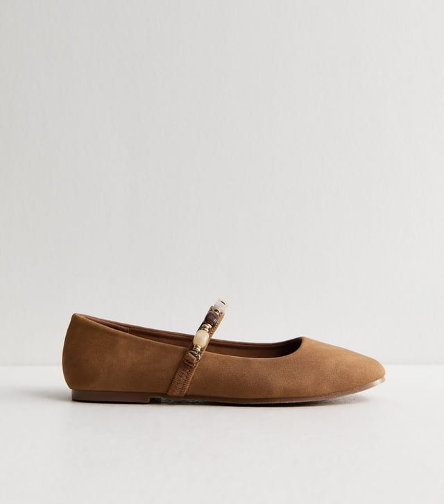 New Look Women's Tan Faux Suede Beaded Square Toe Ballerina Pumps Vegan New Look - 3