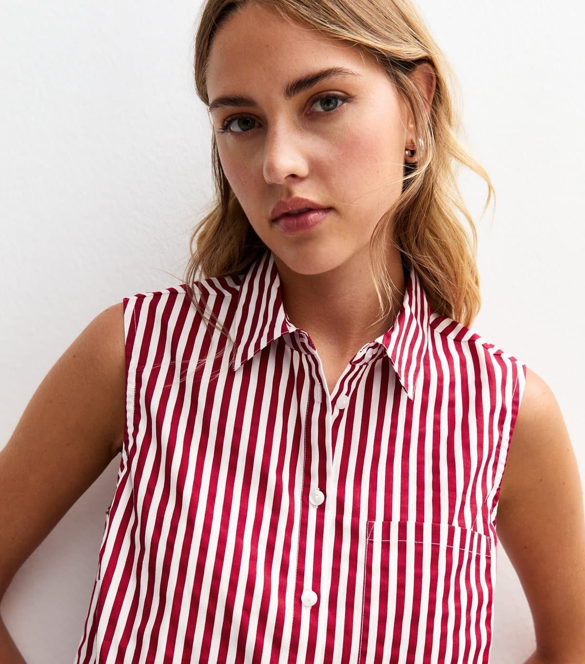 New Look New Look Red Poplin Striped Crop Sleeveless Shirt