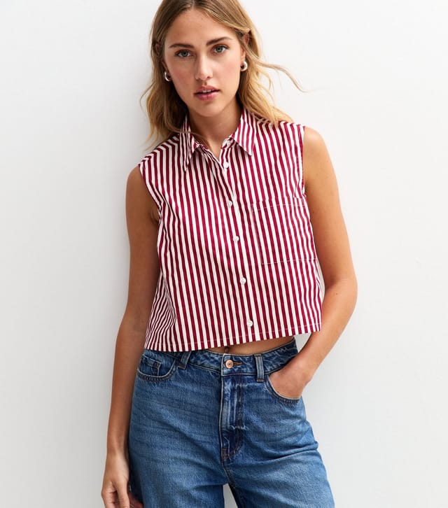 New Look Women's Red Poplin Striped Crop Sleeveless Shirt New Look - 2