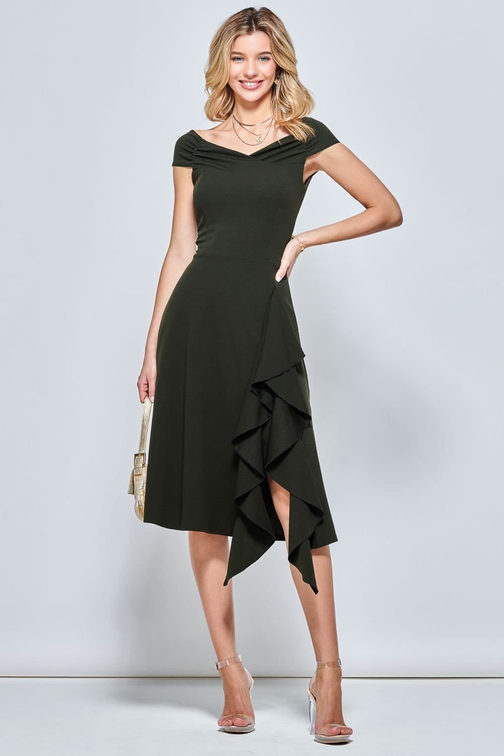 Jolie Moi Jolie Moi Women's Off Shoulder Frill Ponte Midi Dress in Dark Green