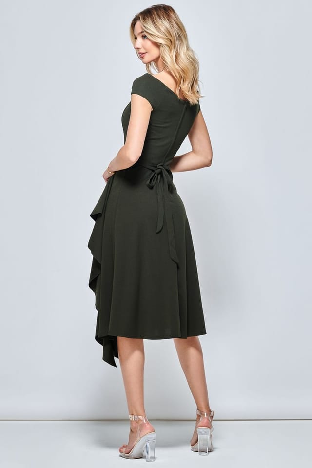 Jolie Moi Jolie Moi Women's Off Shoulder Frill Ponte Midi Dress in Dark Green - 2
