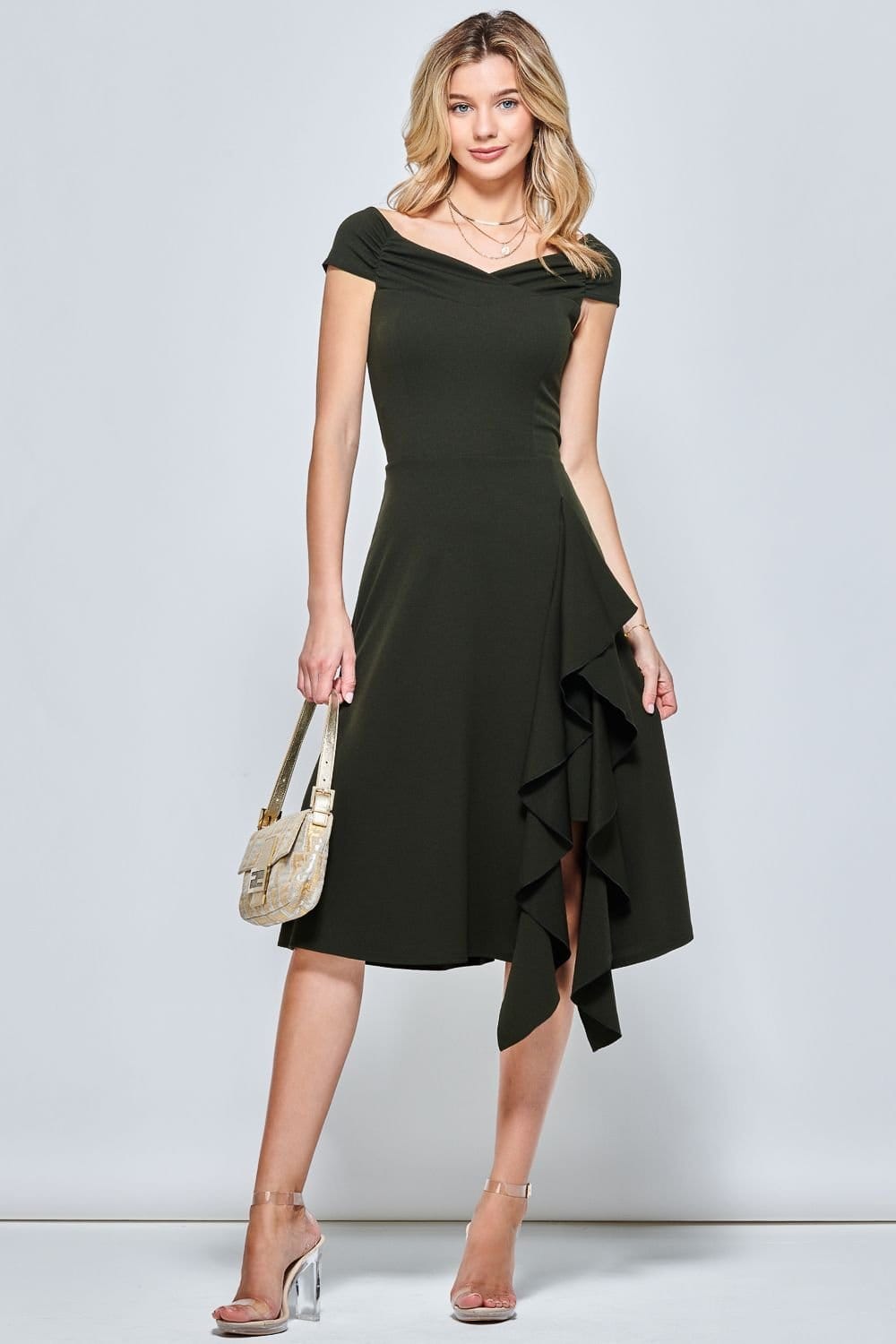 Jolie Moi Jolie Moi Women's Off Shoulder Frill Ponte Midi Dress in Dark Green - 4