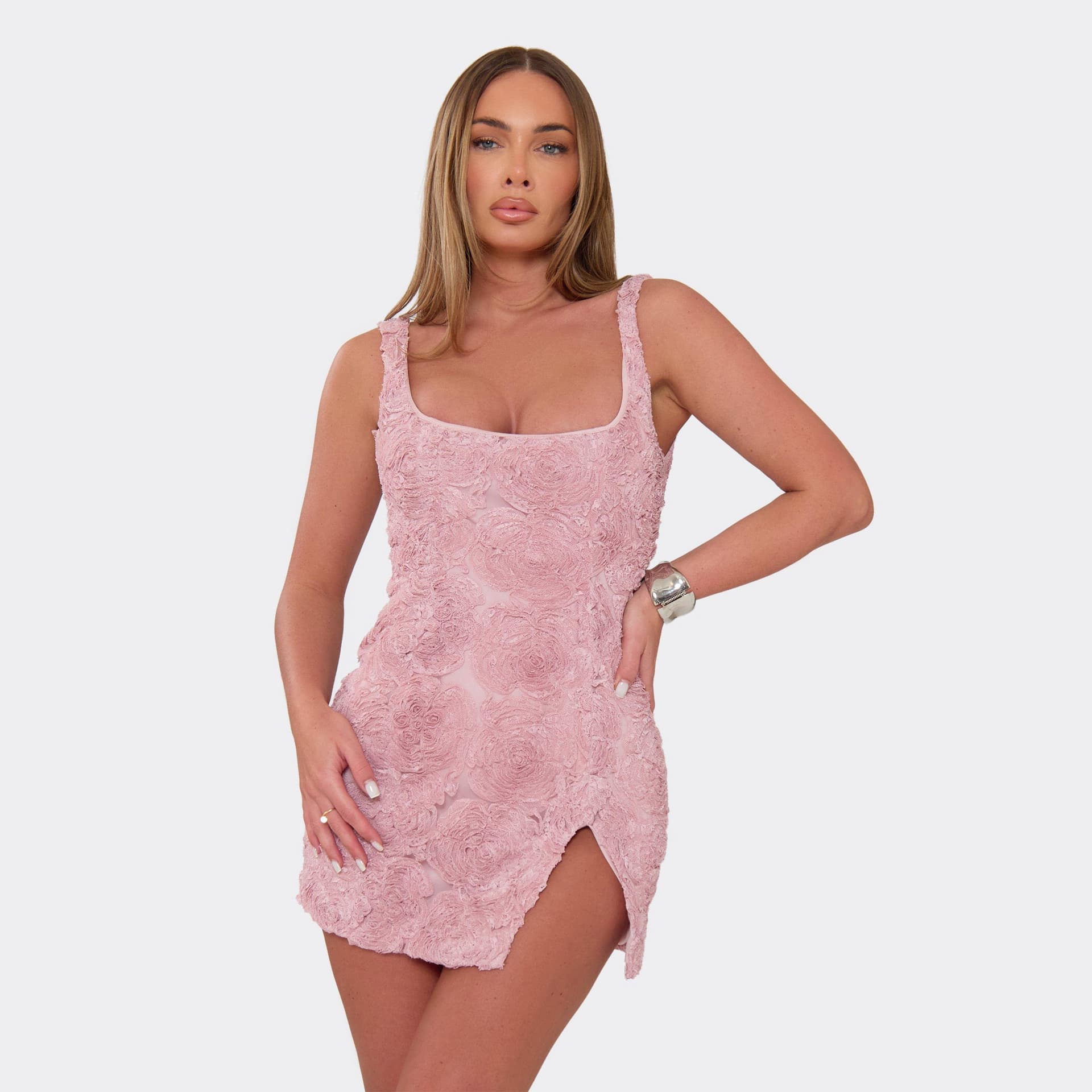EGO Square Neck Split Leg Mini Dress In Pink Floral Texture, Women's Size UK 6