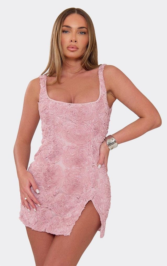 EGO Square Neck Split Leg Mini Dress In Pink Floral Texture, Women's Size UK 6 - 2