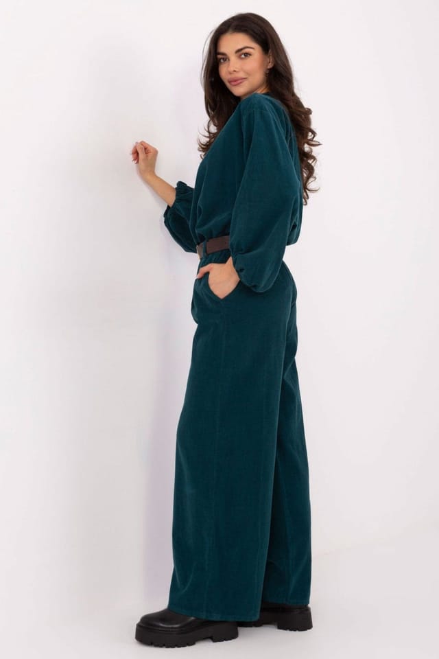 Love Lace Love Lace Women's Italy Corduroy High Waist Wide Leg Pants in Green - 2