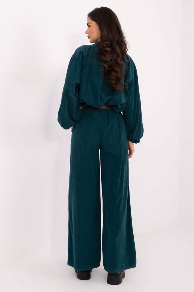 Love Lace Love Lace Women's Italy Corduroy High Waist Wide Leg Pants in Green - 3