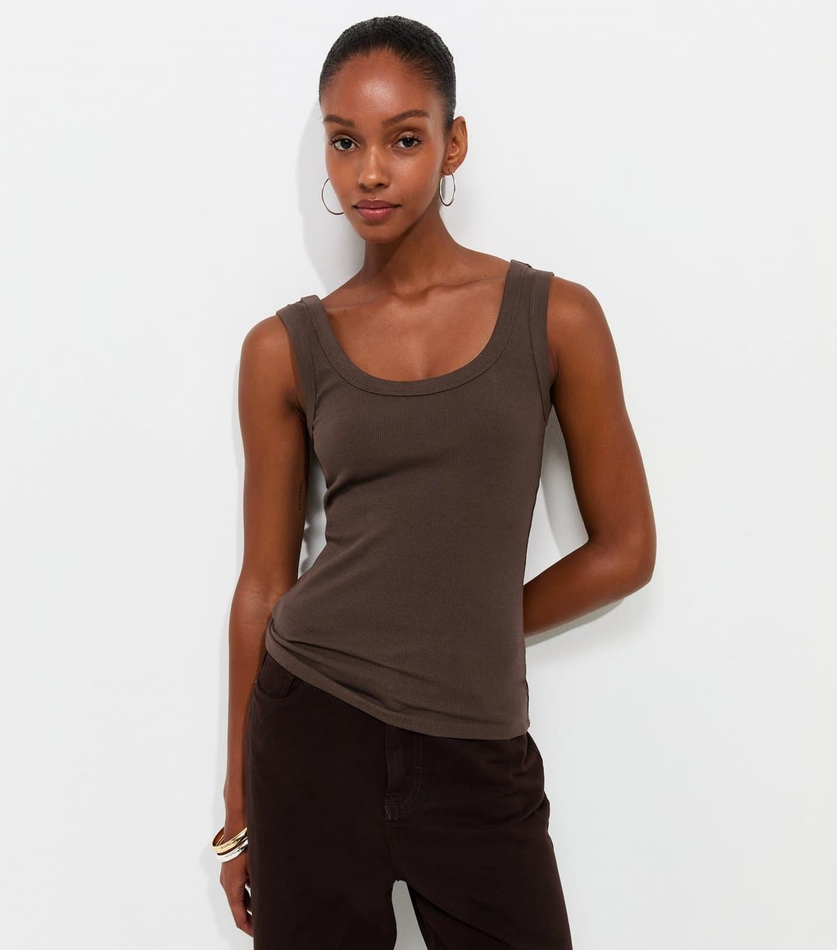 New Look New Look Dark Brown Cotton-Rich Scoop Neck Vest Top