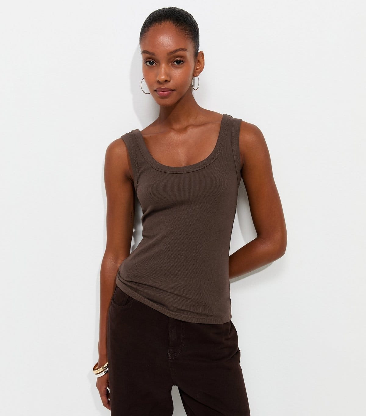 New Look Dark Brown Cotton-Rich Scoop Neck Vest Top