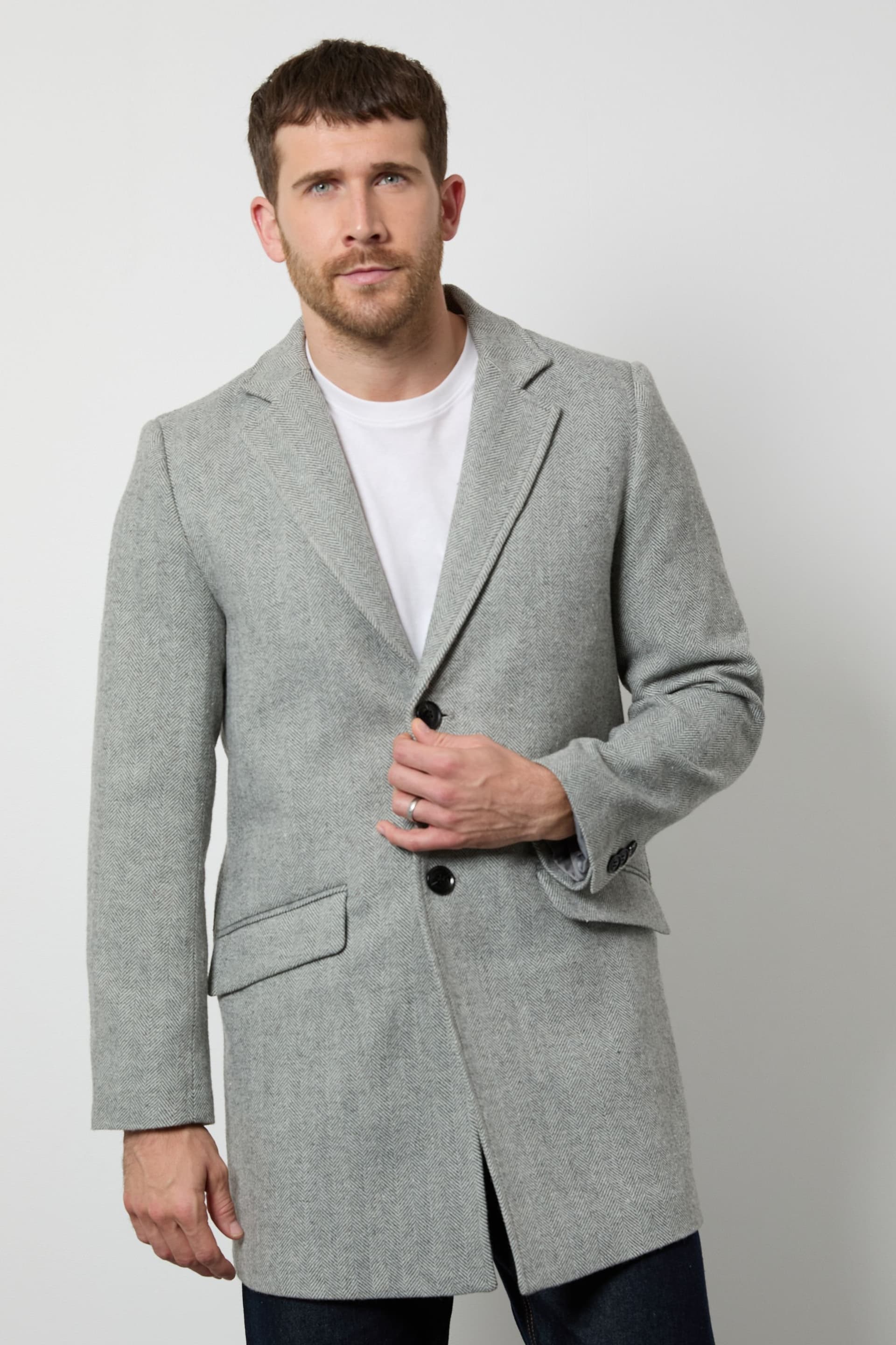 Burton Burton Men's Light Grey Herringbone 2 Button Epsom Coat
