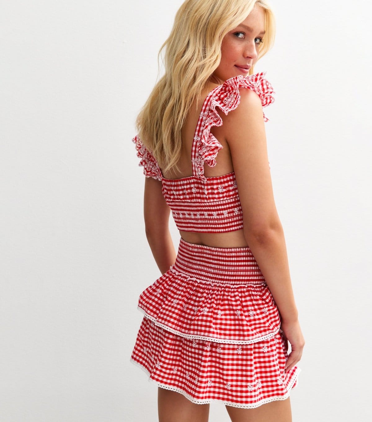 New Look Women's Red Checked Broderie Anglaise Cropped Top New Look - 4