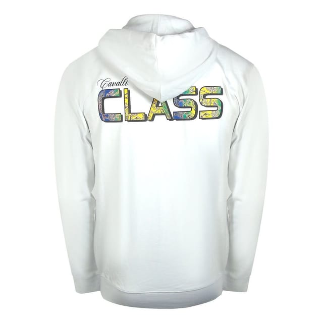 Cavalli Class Cavalli Class Men's Bold Floral Logo Off-White Zip-Up Hoodie in White - 2