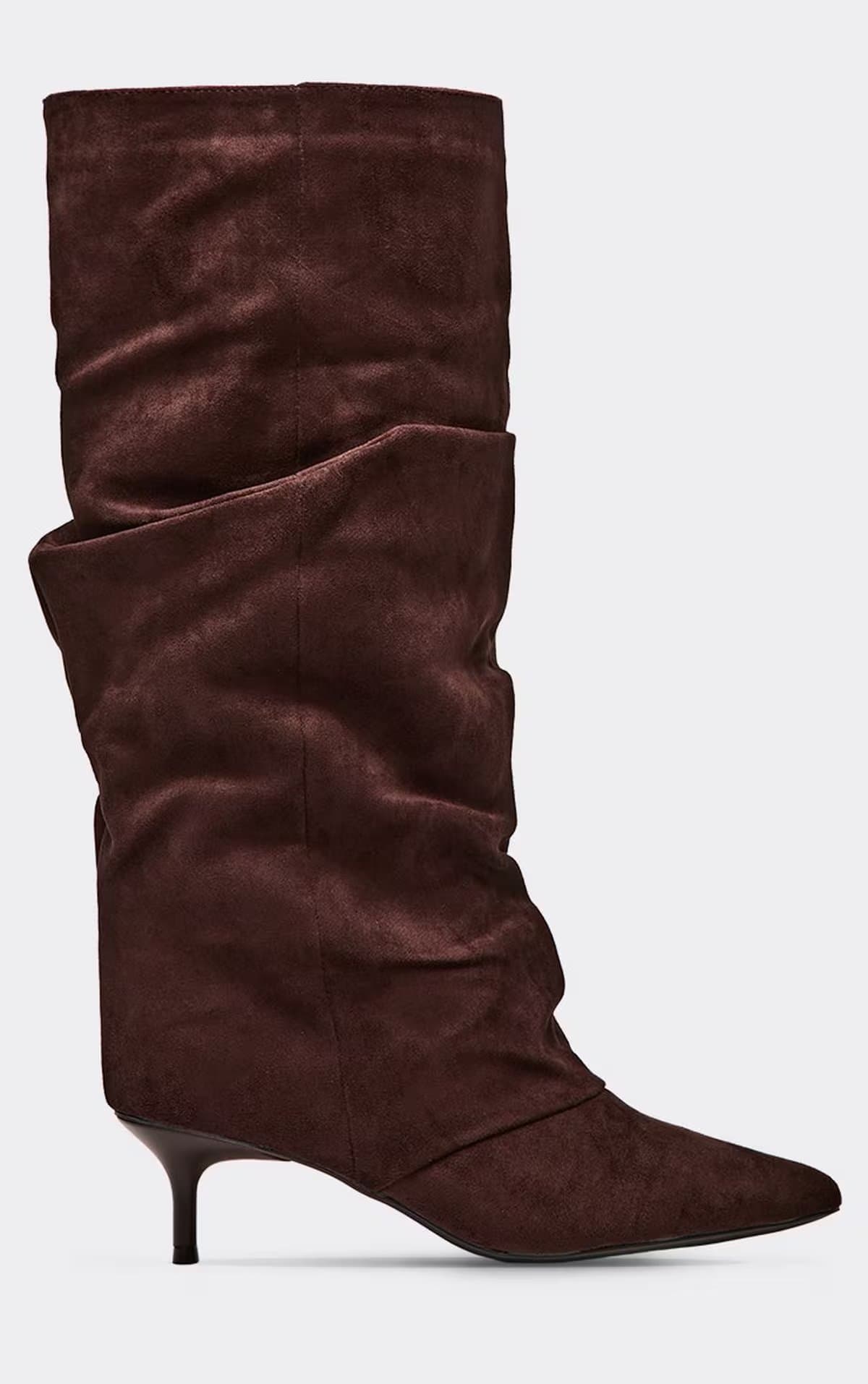 EGO Pixi Pointed Toe Slouched Kitten Heel Knee High Boot In Brown Faux Suede, Women's Size UK 3