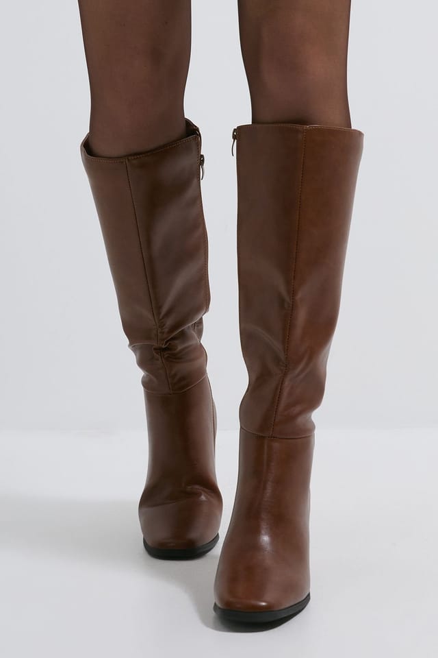 Dorothy Perkins Dorothy Perkins Women's Kristen Faux Leather Square Toe High Heel Knee Boots in Dark Tan - 2