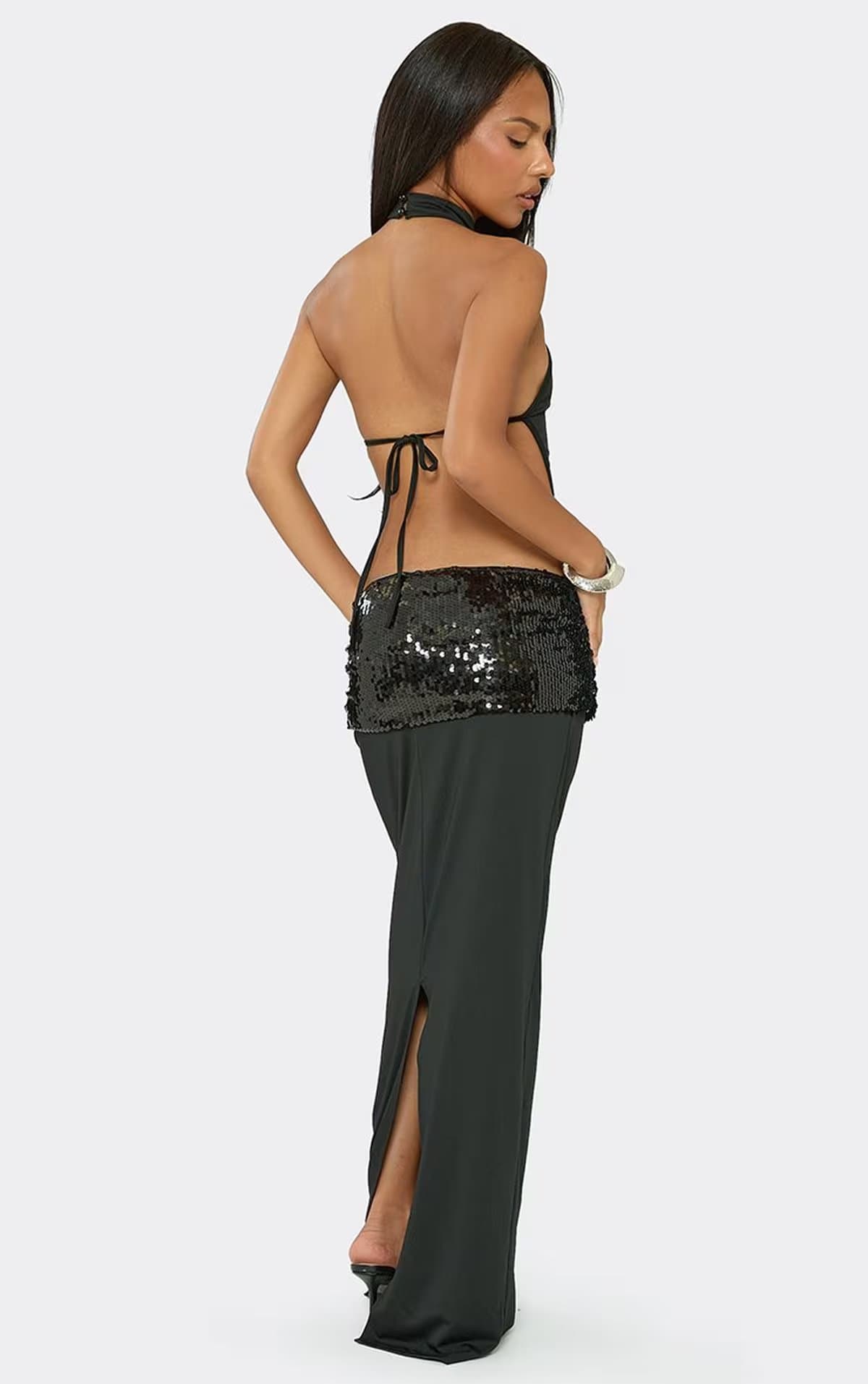 EGO Halterneck Contrast Sequin Cut Out Maxi Dress In Black, Women's Size UK 6