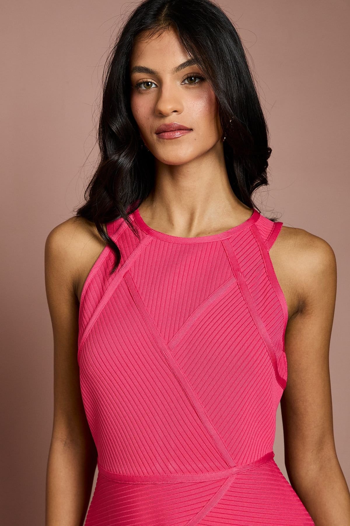 Coast Coast Women's Petite Ribbed Bandage Halterneck Midi Dress in Pink - 4