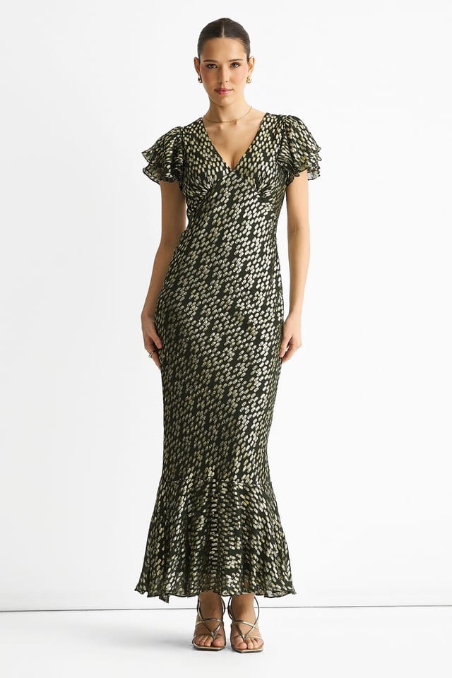 Gini London Gini London Women's Dark Green Viscose Clipped Gold Jacquard Bias Cut Maxi Dress - 2