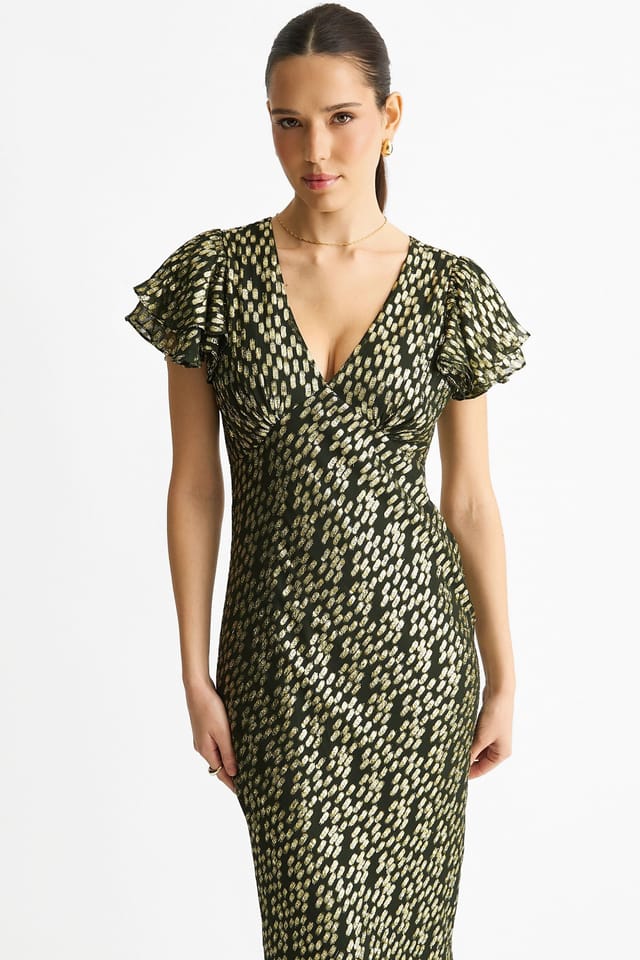 Gini London Gini London Women's Dark Green Viscose Clipped Gold Jacquard Bias Cut Maxi Dress - 3