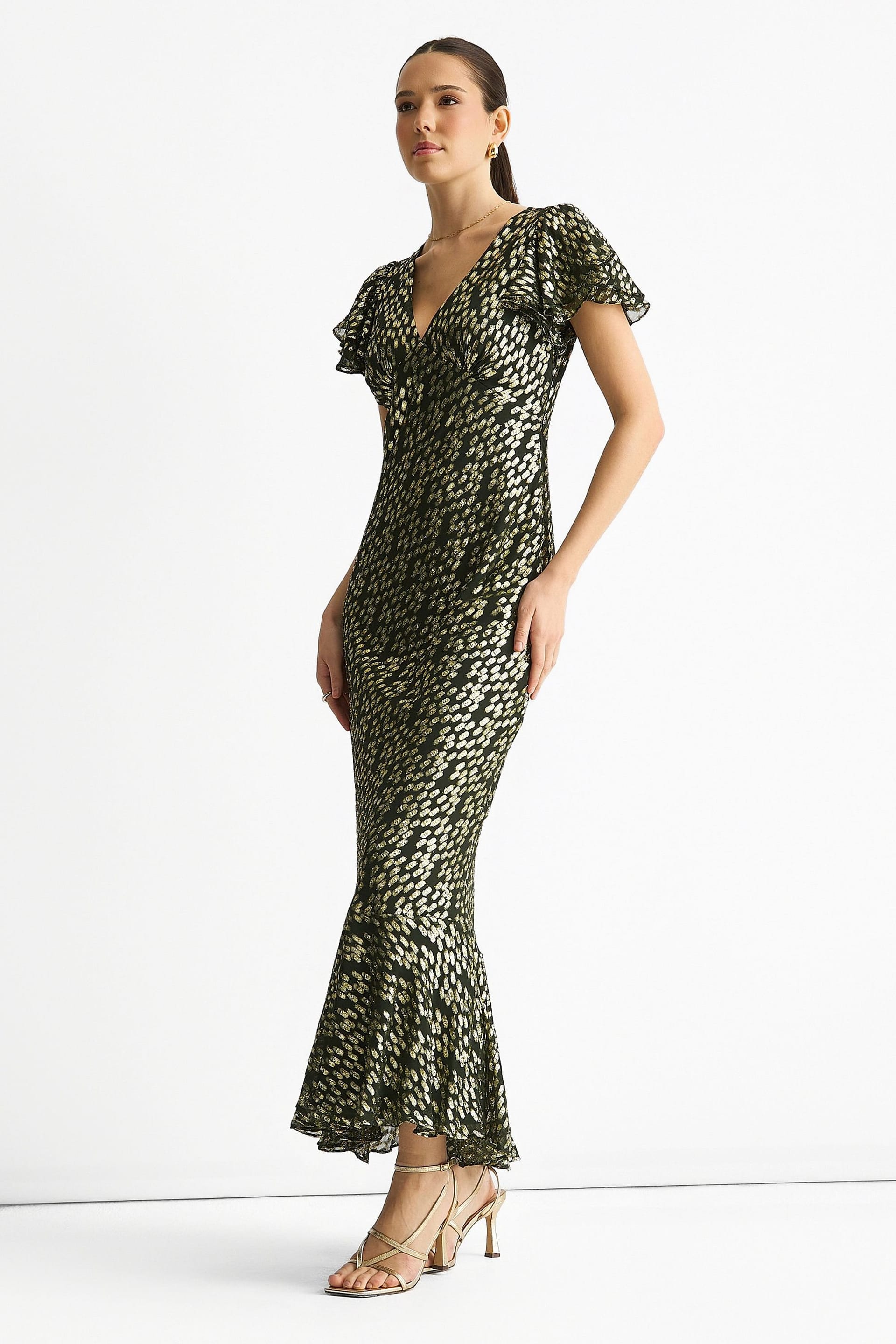 Gini London Gini London Women's Dark Green Viscose Clipped Gold Jacquard Bias Cut Maxi Dress - 4