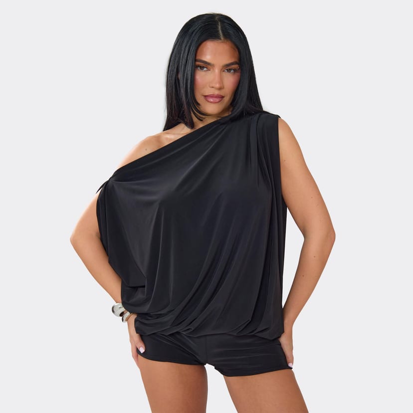 EGO Off The Shoulder Blouson Playsuit In Black, Women's Size UK 6 - 1