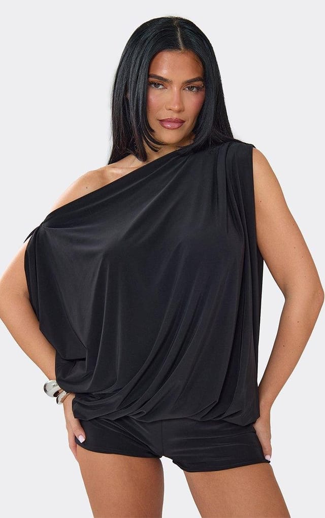 EGO Off The Shoulder Blouson Playsuit In Black, Women's Size UK 6 - 2