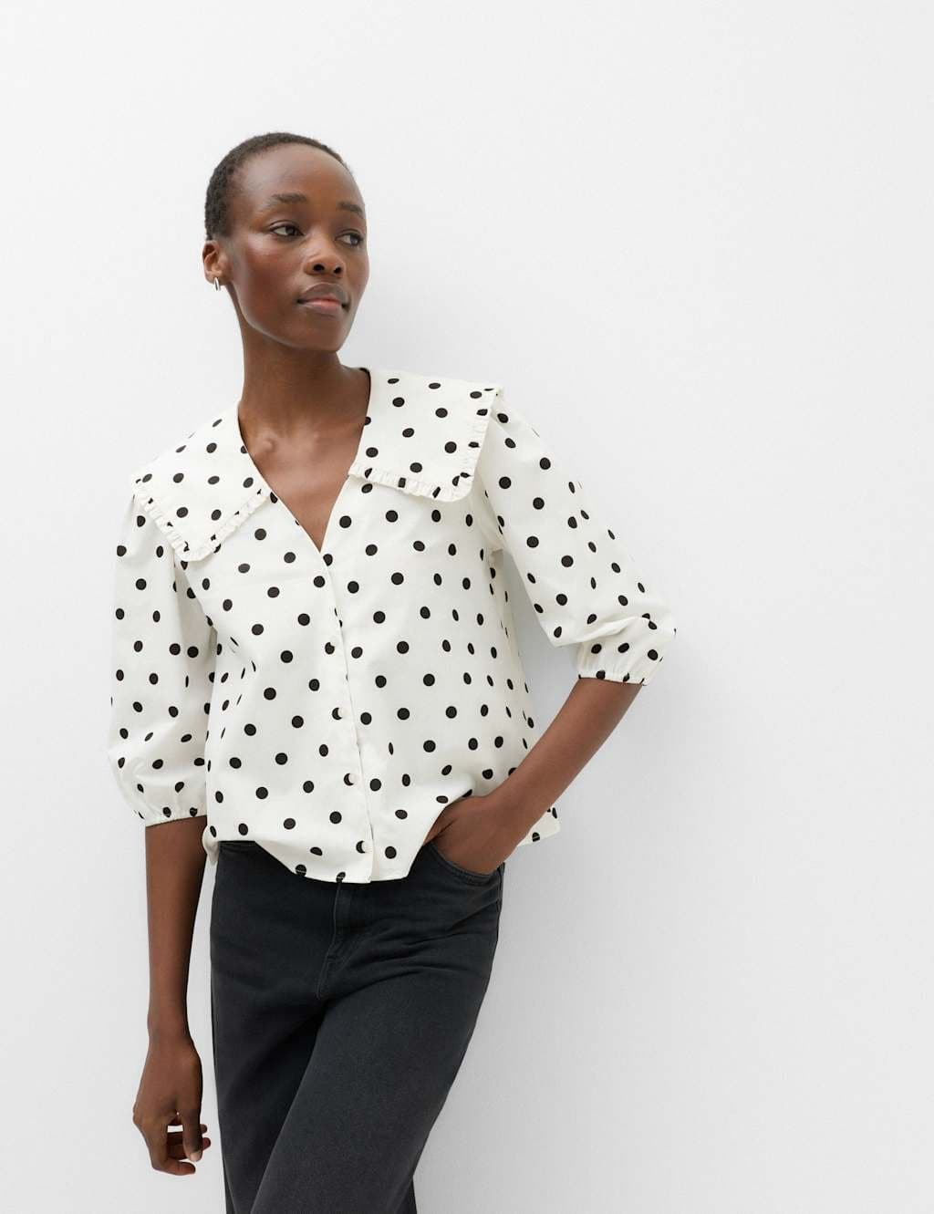 Marks & Spencer M&S Pure Cotton Polka Dot Sailor Collar Shirt Ivory Mix