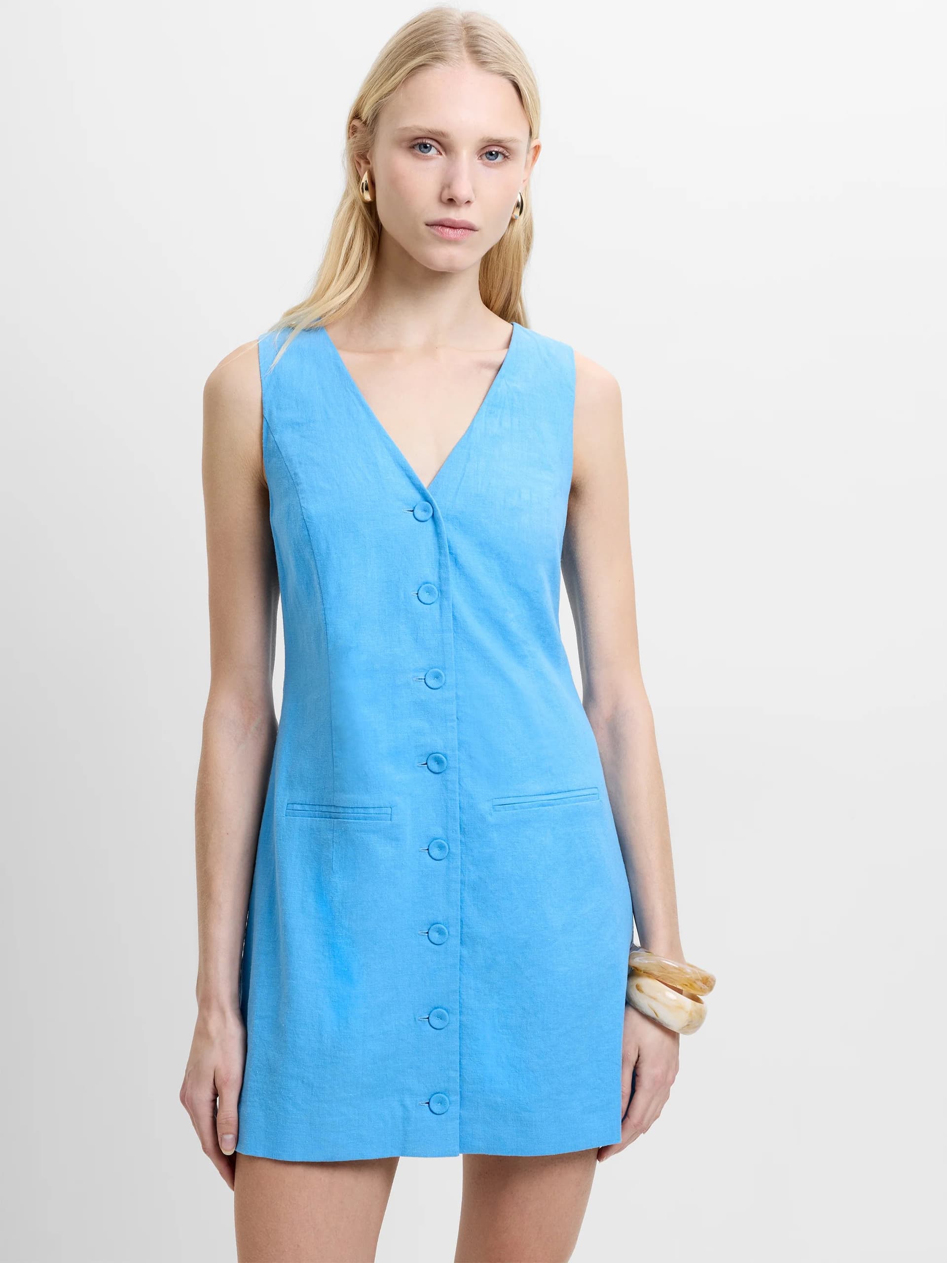 French Connection Aspen Linen Sleeveless A-Line Mini Dress Poolside Blue