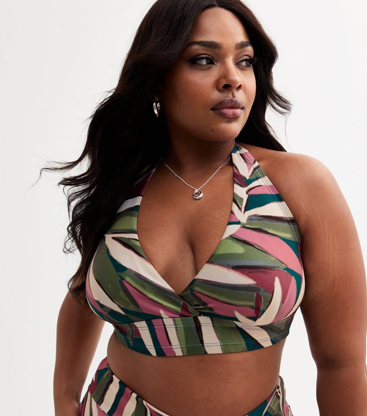 New Look Women's Plus Size Green Leaf Print Halterneck Bikini Top Curves New Look