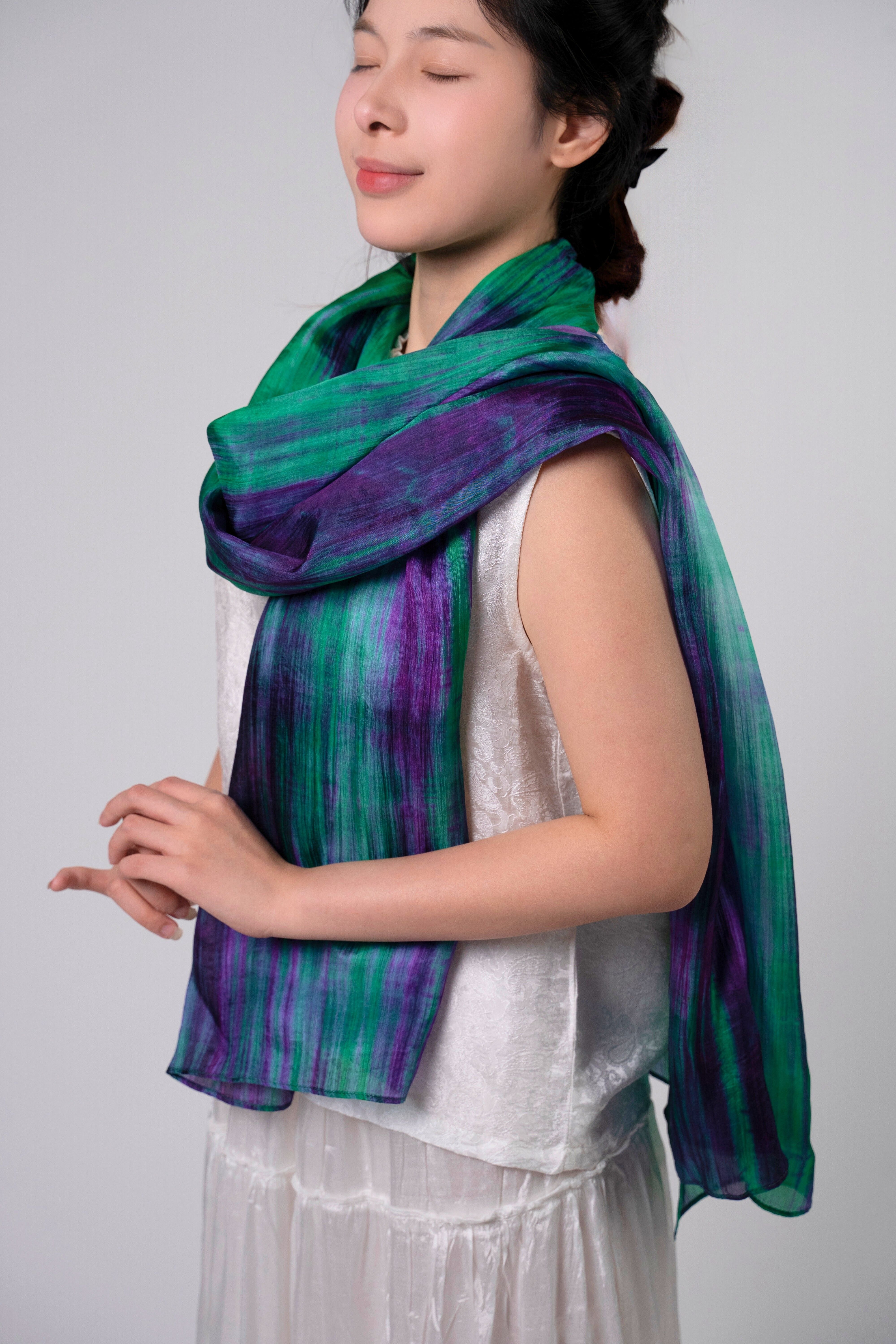 Silk and Bears Silk and Bears Women's Emerald Violet Turquoise Silk Scarf - Hand-Dyed Mulberry Wrap - 2