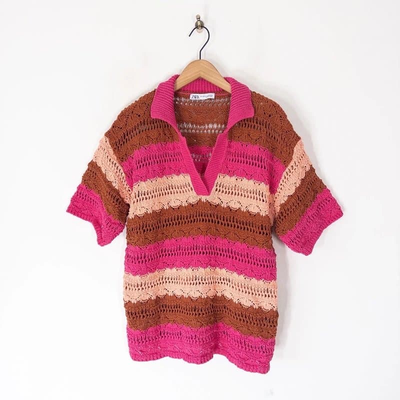 Zara Zara Crochet Knit Top Jumper Size L XL 12 14 Pink Beige Stripe V Neck Collar