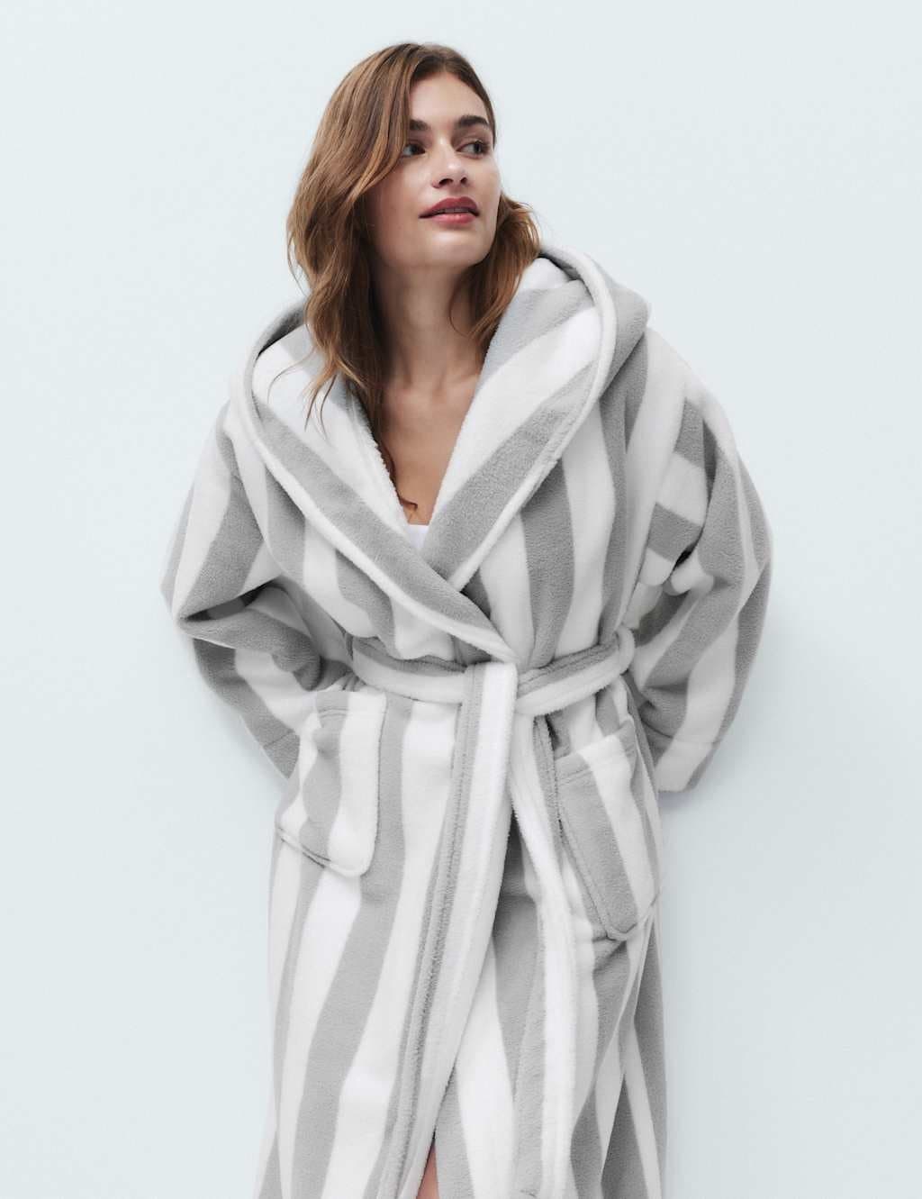 Marks & Spencer M&S Wide Stripe Hooded Dressing Gown Grey Mix