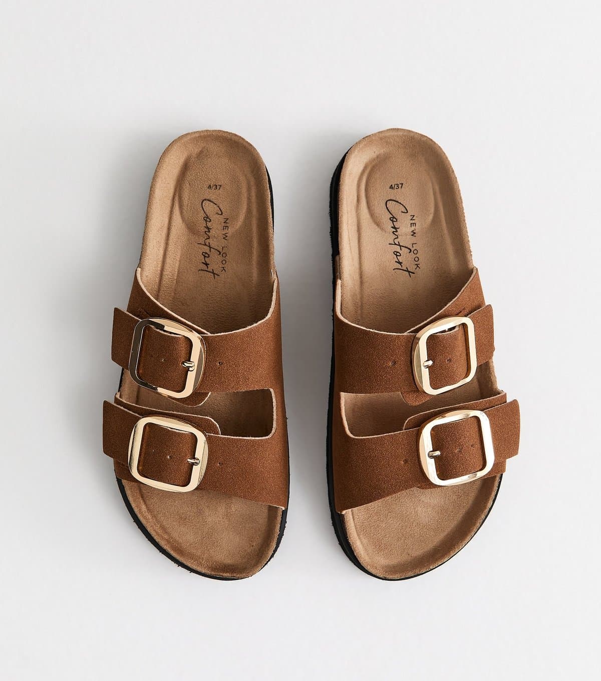 New Look Women's Tan Cork Sole Double Strap Mule Sandals Vegan New Look